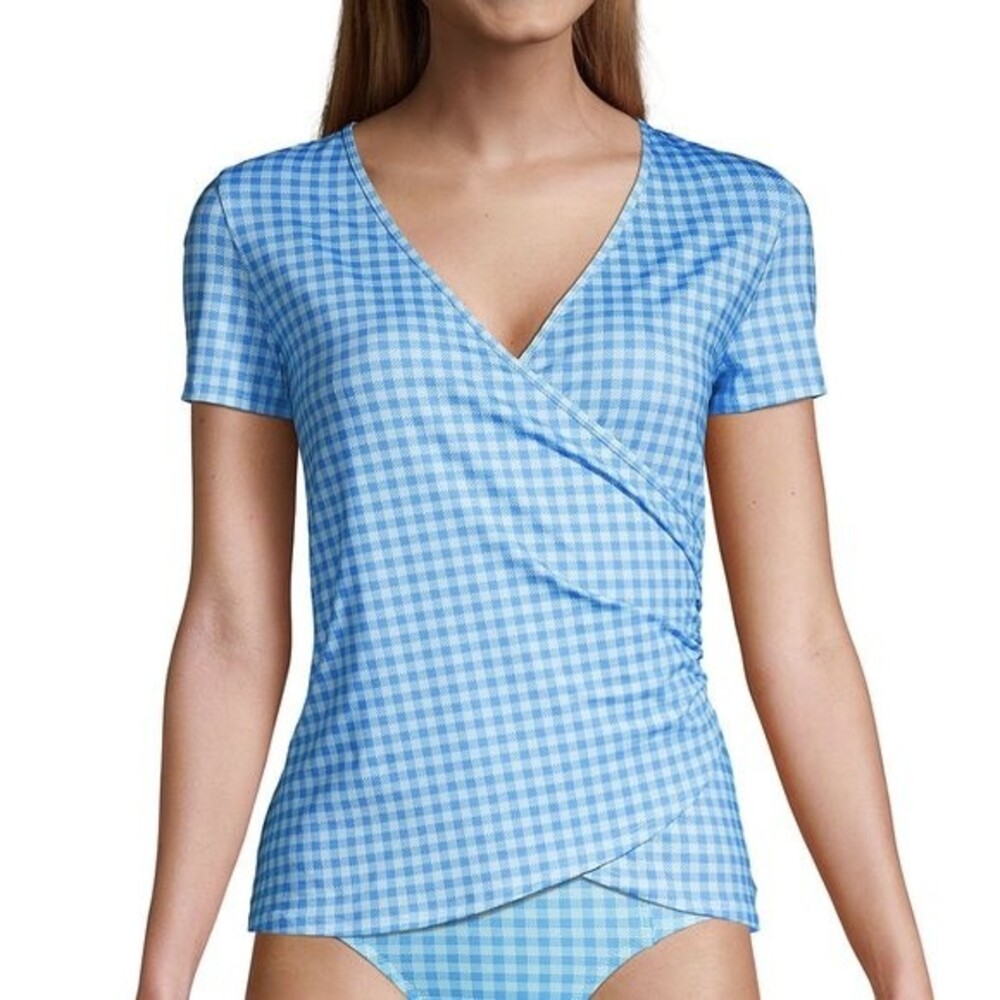 LANDS' END UPF 50 Blue White Checkered Wrap V-Neck Swim Cover-Up Rash Guard NWOT